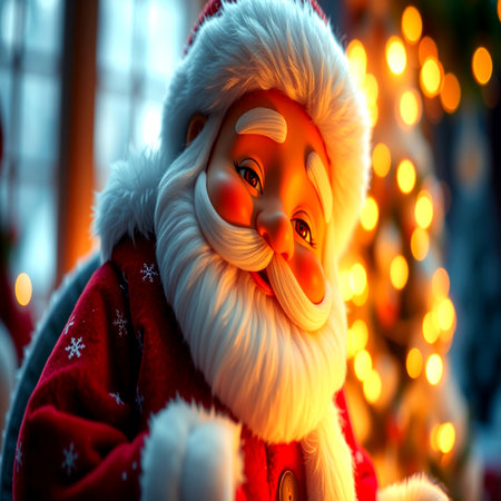 Santa Claus in a red coat and white hat on the background of the Christmas tree.の写真素材