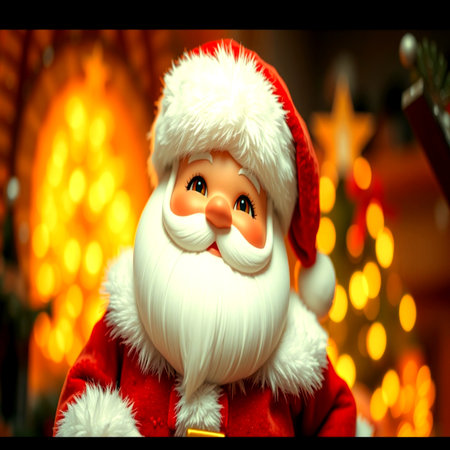 Santa Claus doll in front of christmas tree. Christmas background.の写真素材