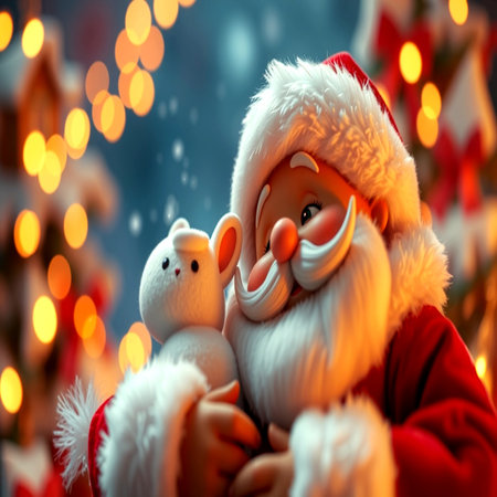 Santa Claus with a toy bear. Christmas and New Year background.の写真素材