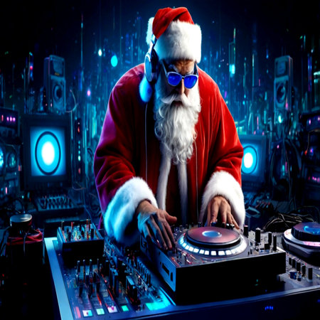 Portrait of santa claus in headphones and eyeglasses mixing music on turntable in nightclubの写真素材