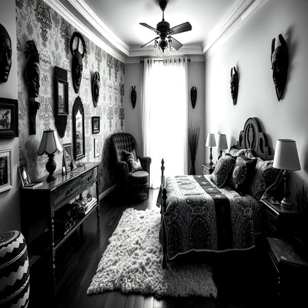 Black and white image of a classic bedroom with a large bed and armchair.の写真素材