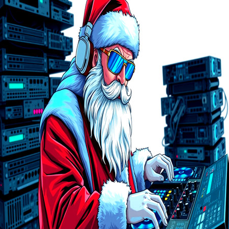 santa claus with headphones on the background of a server roomの写真素材