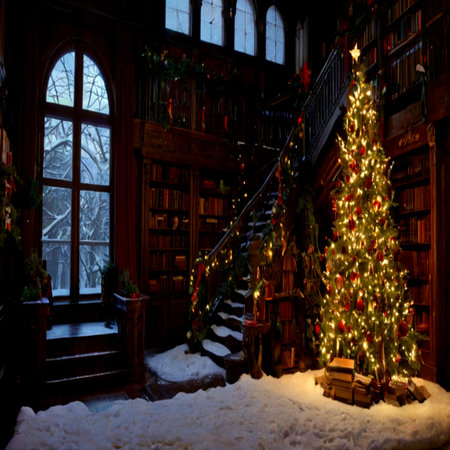 Christmas tree in the interior of an old school library with books and decorationsの写真素材