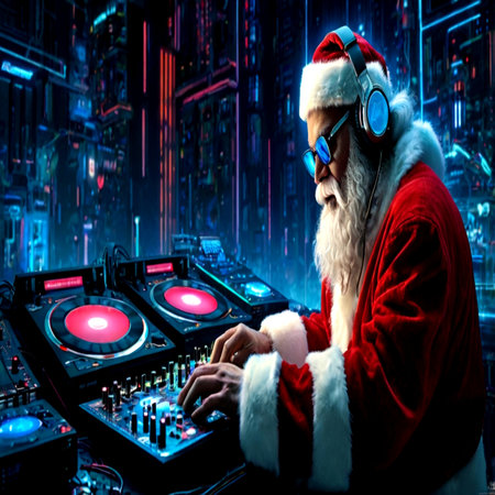Santa Claus playing music at a nightclub. Christmas and New Year.の写真素材