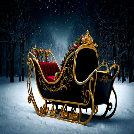 Santa Claus sleigh in the winter forest. Christmas holiday concept.の写真素材