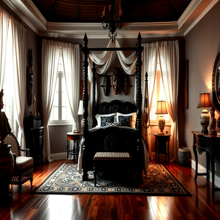 Classic bedroom interior with antique furniture and lighting. 3D render.の写真素材