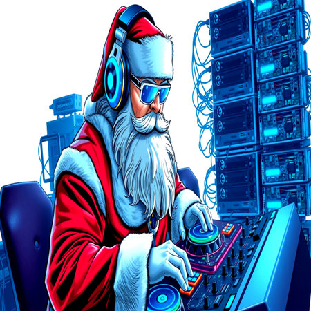Santa Claus in headphones and headphones on the background of the computer.の写真素材
