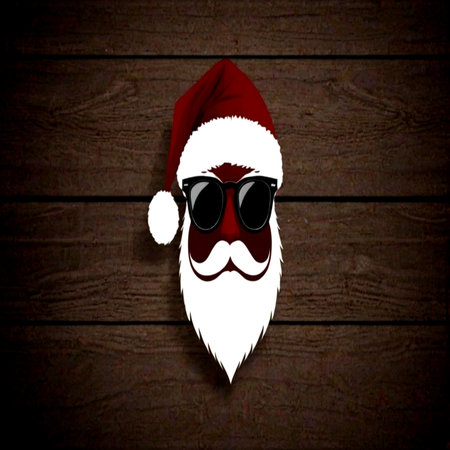 Santa Claus face with sunglasses and red hat on a wooden background.の写真素材