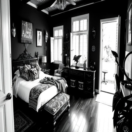 Black and white photo of a classic bedroom with black walls and wooden floorの写真素材
