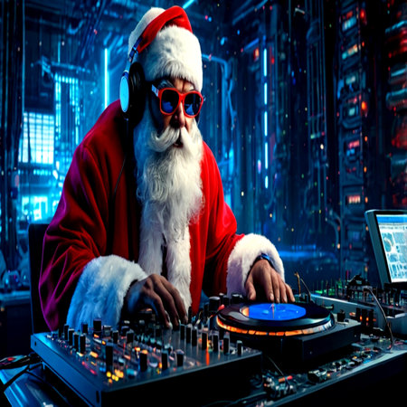 Portrait of Santa Claus playing music on a turntable in a nightclub.の写真素材