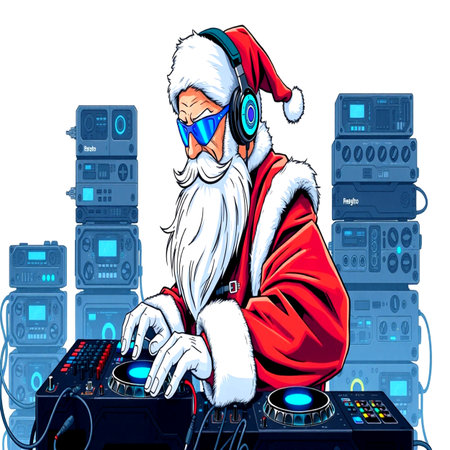 DJ Santa Claus playing music on turntable. Vector illustration.の写真素材