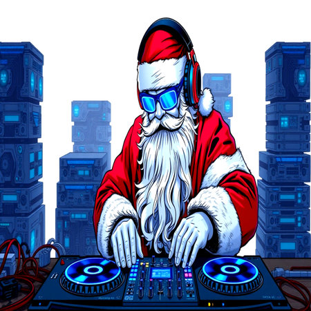 Santa Claus playing music on turntable. Vector illustration for your designの写真素材