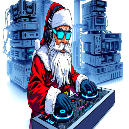 Santa Claus with headphones and sound mixer. Vector illustration for your designの写真素材