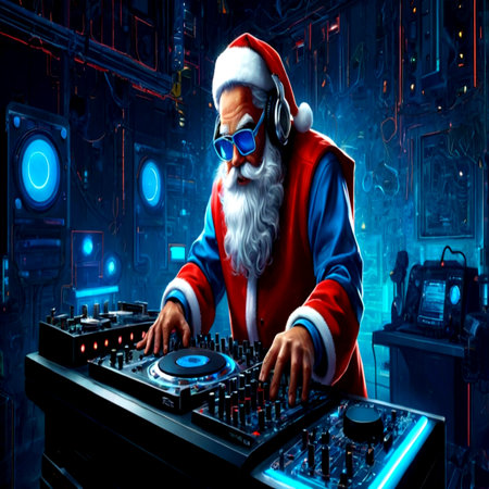 Santa Claus playing music on turntable. Christmas party concept.の写真素材