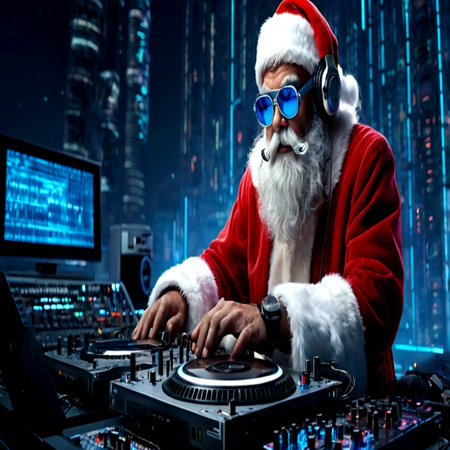 Portrait of santa claus playing music on turntable at nightclubの写真素材