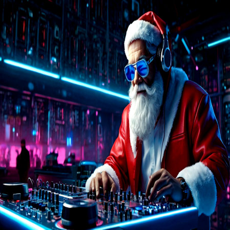 Santa Claus is mixing music in a nightclub. Christmas and New Year.の写真素材