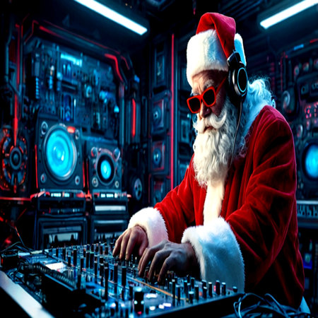 Portrait of Santa Claus in headphones and headphones playing music at the nightclub.