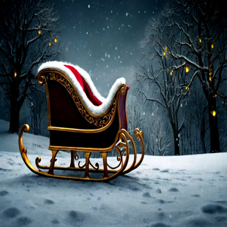 Santa Claus sleigh in the snowy forest at night. Christmas background.の写真素材