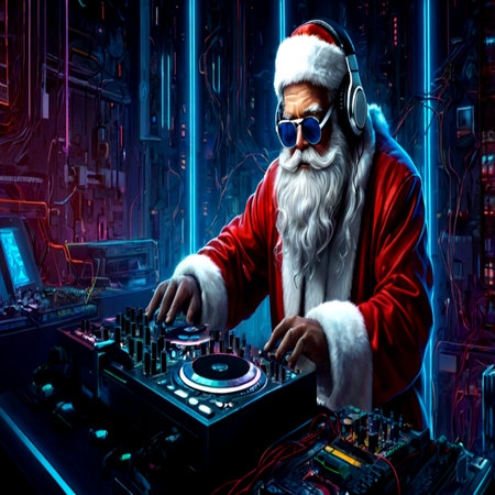 Portrait of Santa Claus in headphones playing music on turntable in dark nightclub.の写真素材