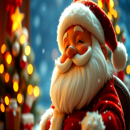 Santa Claus sitting in front of christmas tree and lights on backgroundの写真素材