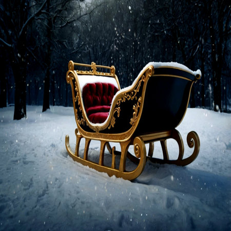 Christmas sleigh with red armchair in the snowy forest. Christmas backgroundの写真素材