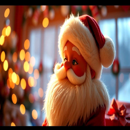 Santa Claus doll on background of Christmas tree with lights and bokehの写真素材