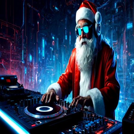 Portrait of Santa Claus playing music with turntables and headphones on dark backgroundの写真素材