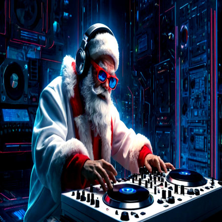 Portrait of Santa Claus in headphones and glasses mixing music on turntables.の写真素材