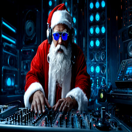 Portrait of a santa claus with headphones playing music in a nightclub. Christmas.の写真素材
