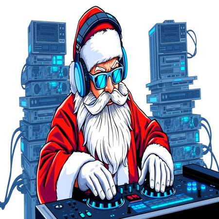 Santa Claus with headphones and sound mixer. Vector illustration for your designの写真素材