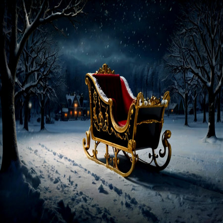 Santa Claus sleigh at night in the snowy forest. Christmas background.の写真素材