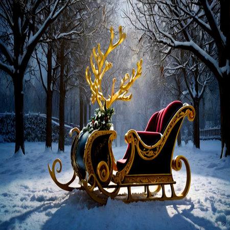 Santa Claus sleigh with reindeer in winter park. 3d renderの写真素材