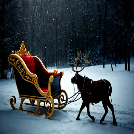 Santa Claus sleigh with reindeer and golden sleigh in winter forestの写真素材