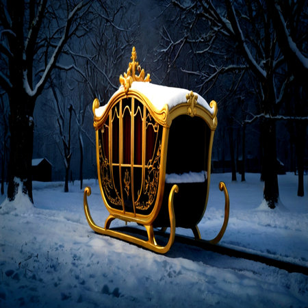 golden sleigh in the winter park at night with snowfallの写真素材