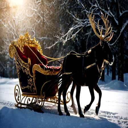 Reindeer with a sleigh in the winter forest. Christmas background.の写真素材