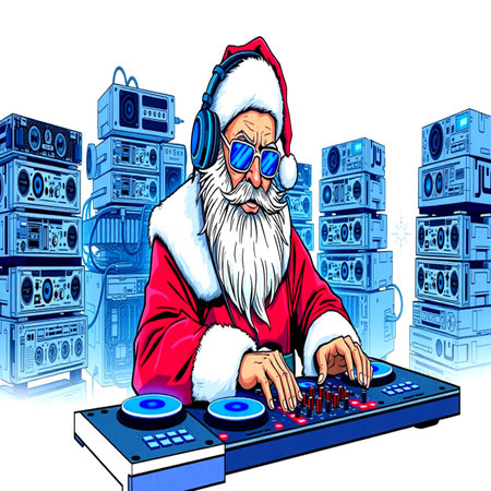 Santa Claus playing music on turntable. Vector illustration for your designの写真素材