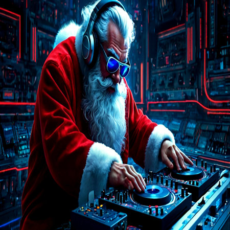 Santa Claus is mixing music on a turntable. Christmas.の写真素材