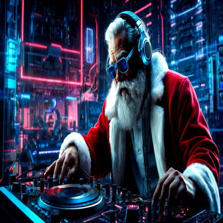 Portrait of a senior santa claus playing music at a nightclub.の写真素材