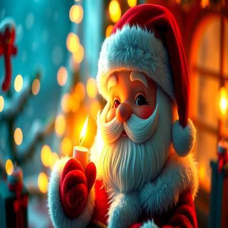 Santa Claus doll with a candle in his hands. Christmas background.の写真素材