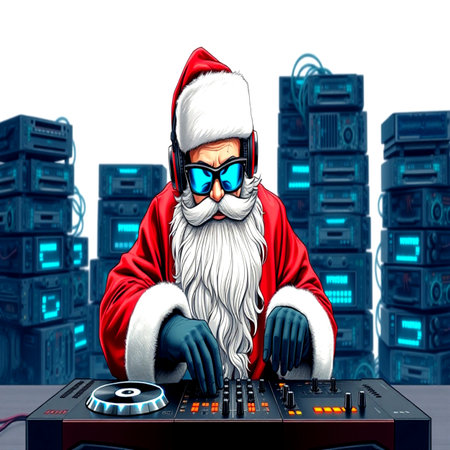 Santa Claus mixing music on a turntable in a server roomの写真素材