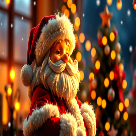 Santa Claus doll on the background of the Christmas tree and lights.の写真素材