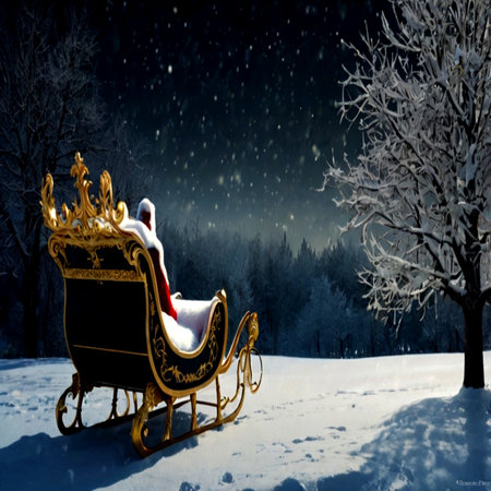 Santa Claus in a sleigh against the background of a winter landscapeの写真素材