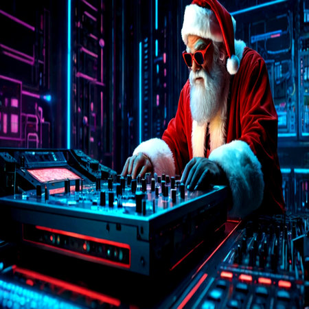 Santa Claus is mixing music on a mixer. Christmas and New Year.の写真素材