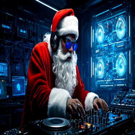 Santa Claus playing music on a turntable in a nightclub.の写真素材