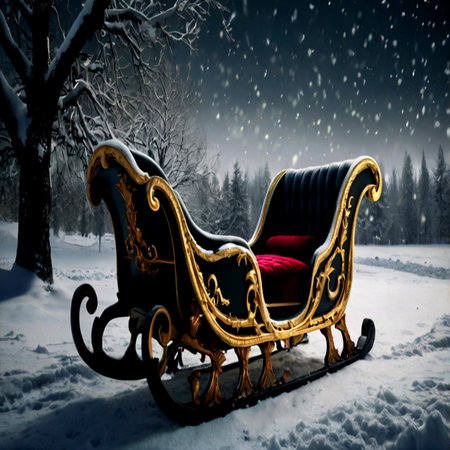 Christmas sleigh with red armchair in the snowy winter forest.の写真素材