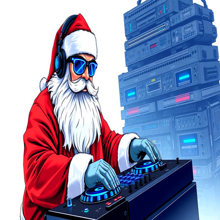 Santa Claus with headphones and a mixer in front of a big data centerの写真素材
