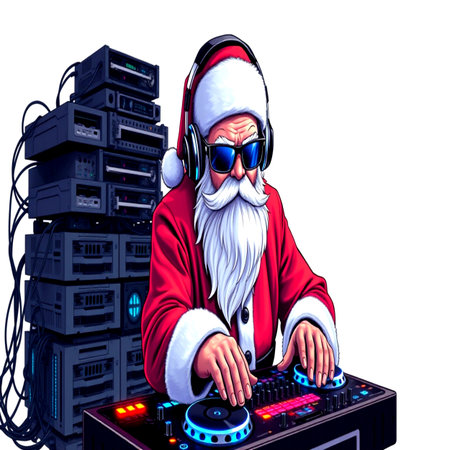 Santa Claus playing music on turntables. Isolated on white backgroundの写真素材