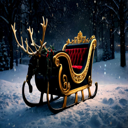 Santa Claus sleigh with reindeer in snowy forest at nightの写真素材