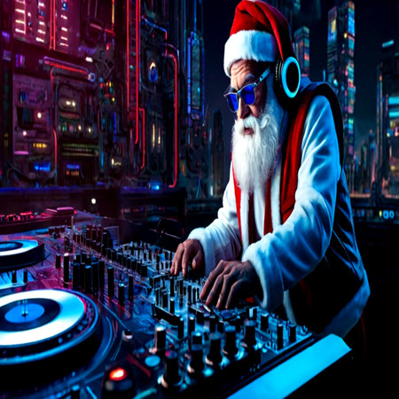 Santa Claus playing music at a nightclub. Christmas and New Year.の写真素材