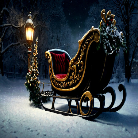 Santa Claus sleigh at night in the snowy forest. Christmas decoration.の写真素材